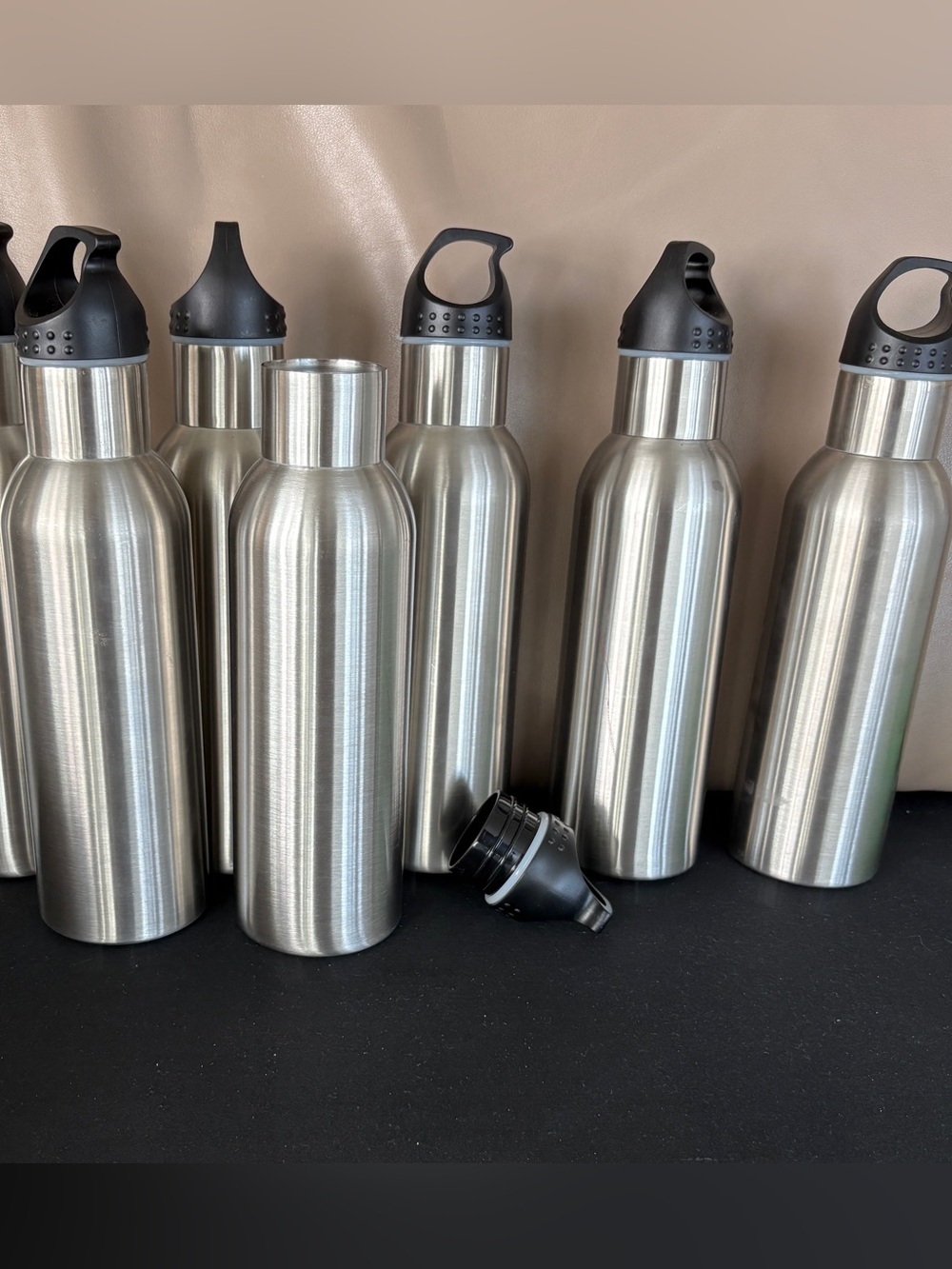 6 for $60 NEW Stainless Steel Reusable Water Bottles with Black Sport Cap